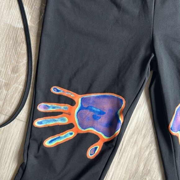 90s Low Rise Handprint Print Crisscross Tie Back Flare Leg Pants Size Medium - Picture 8 of 11
